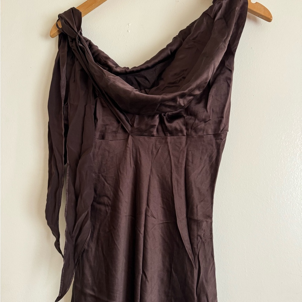 One-Shoulder 100% Silk Satin Evening Gown in Chocolate Brown - Picture 11 of 12